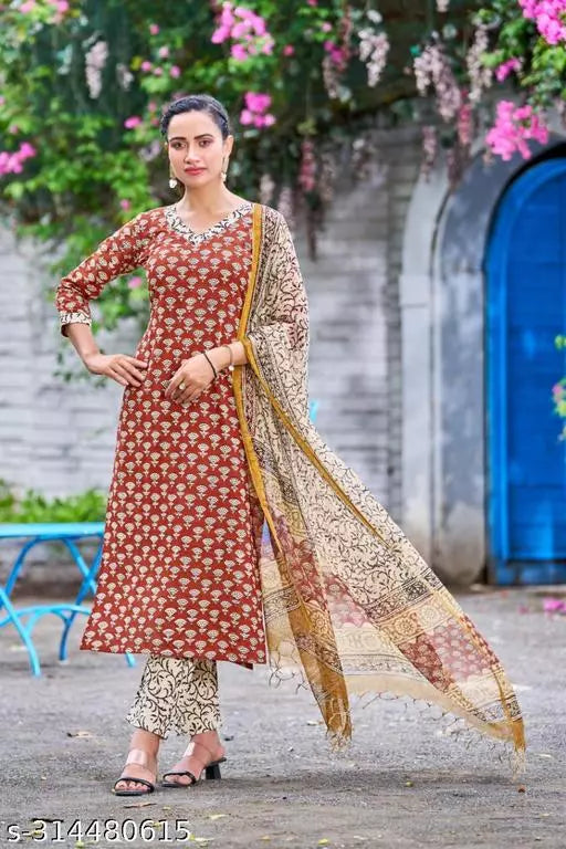 Anni Designer Women's Cotton Blend Maroon Straight Printed Kurta with Trouser & Dupatta