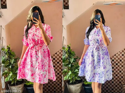 JKP COLLECTION  Women's & Girls's Stylish Rayon Collared Shirt Flared Mini Dress with Waist Belt  Pack Of 2 Pink  Lavendar