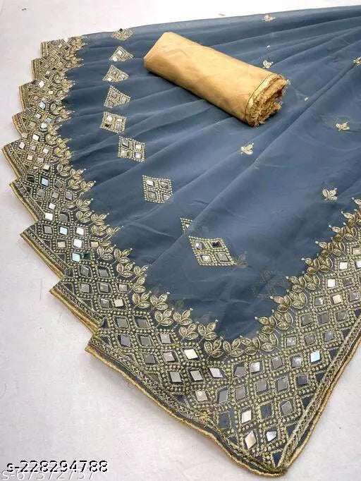 HEAVY KAJU DESIGN EMBROIDERY WORK WITH MIRROR SAREE BY KRADDLE