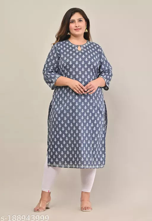 Swasti Women Printed Pure Cotton Plus Size Straight Kurta (Grey)