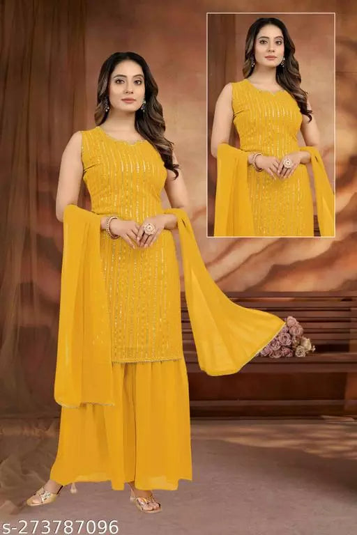 Women Faux Georgette With Embrodery Seqance Work Kurta With Sharara And Dupatta Stiched