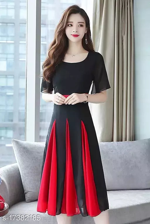 Vivient Women Black Plain Red Kali Flair Georgette Maxi Dress