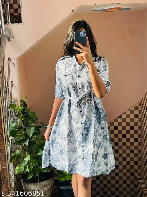 Jkp Collection Womens & Girls A-Line Dress  Casual Wear Printed & Short Sleeve Dress Fabric Cotton In Color Grey