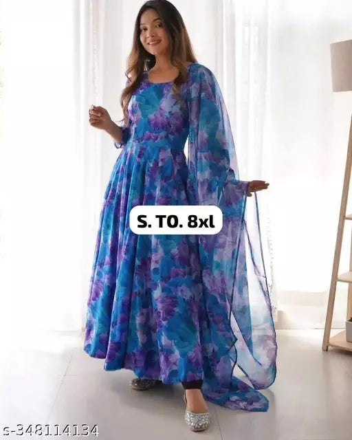 Printed Flower Women Georgette Anarkali Gown With Dupatta