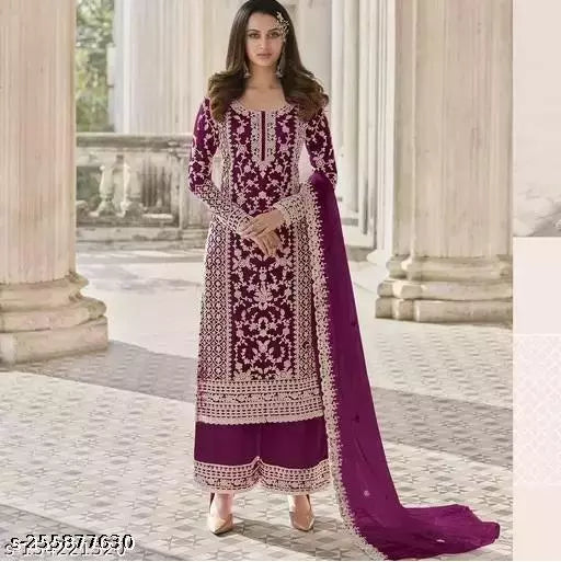 Women's Wine Embroidered Net Semi Stitched Suits