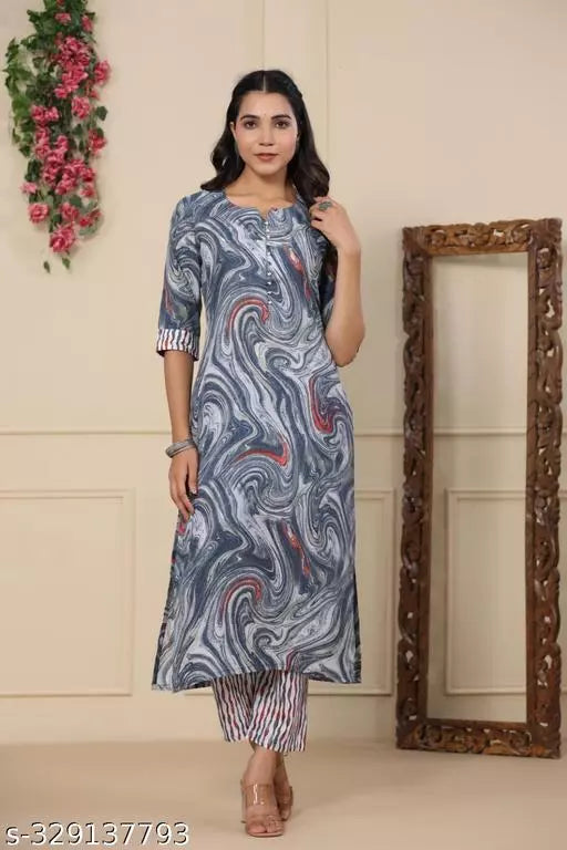Anni Designer Women's Cotton Blend Grey Ethnic Motifs Printed Kurta with Trouser