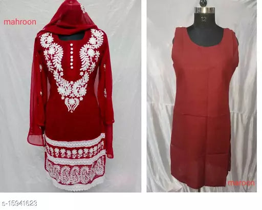 Aari sequence work georgette 40in kurti and  Inner with Dupatta.
