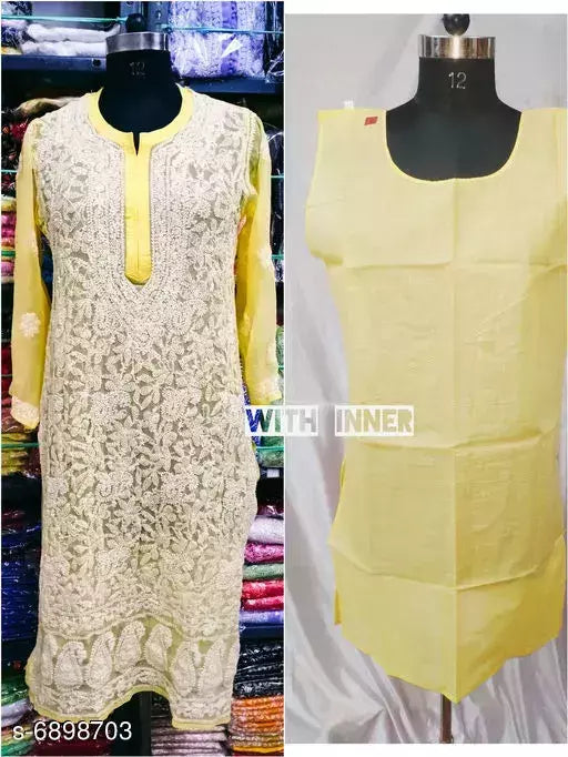 Handwork Embroidere Chiffon Front jall Long  kurti & with inner.