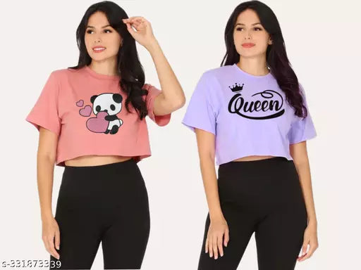 Trendy Feminine Printed Crop Tshirt Round Neck Top For Womens(Pack Of 2)