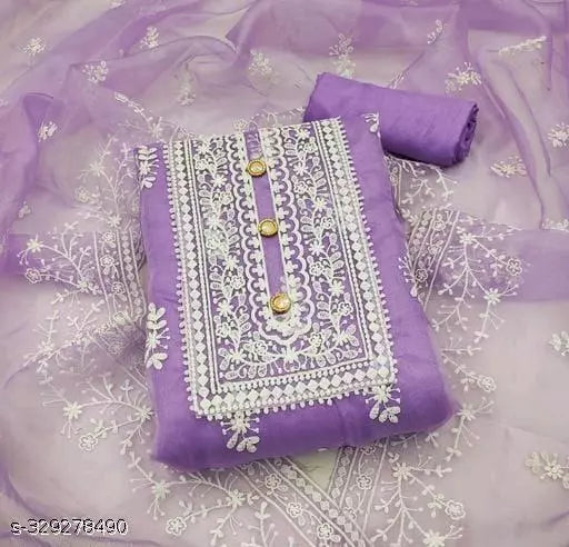 Women's Lavendar Rama Floral Embroidered Organza Suits & Dress Materials