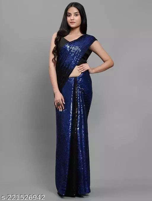 SHINE SUPER HIT ROYAL BLUE DESIGNER SEQUANCE Georgette  SAREES BY KRADDLE