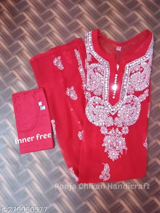 Chikankari Gala Booty Chiffon Kurti with Cotton Inner.