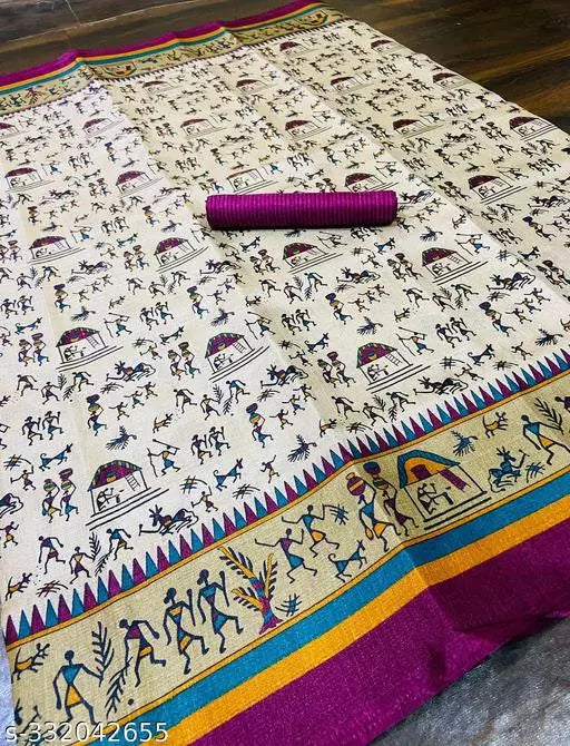 WARLI PRINTED KHADI SILK BLENDED LIGHT WEIGHT COMFERTABLE WEAR DESIGNER SAREE WITH BLOUSE