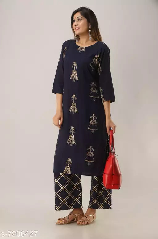 Women Rayon A-line Printed Long Kurti With Palazzos