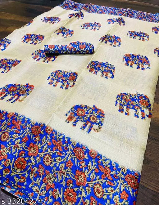 ELEPHANT PRINTED KHADI SILK BLENDED LIGHT WEIGHT COMFERTABLE WEAR SAREE WITH BLOUSE