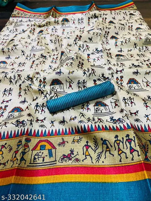 WARLI PRINTED KHADI SILK BLENDED LIGHT WEIGHT COMFERTABLE WEAR DESIGNER SAREE WITH BLOUSE