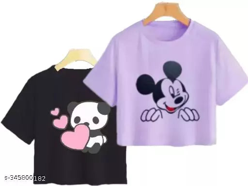 Trendy Feminine Printed Crop Tshirt Round Neck Top For Womens