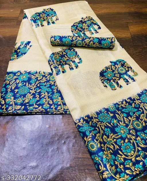 ELEPHANT PRINTED KHADI SILK BLENDED LIGHT WEIGHT COMFERTABLE WEAR SAREE WITH BLOUSE