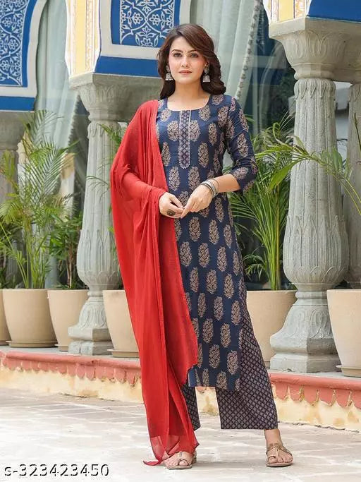 Anni Designer Women's Blue Ethnic Motifs Printed Kurta with Palazzo & Dupatta