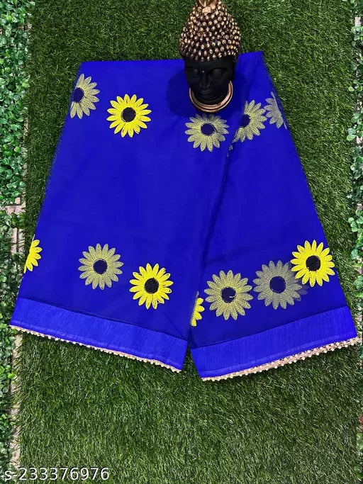 Under 399 Designer Printed Embroidered Sunflower Net Sarees Royal Blue Colours Daily Wear Sarees