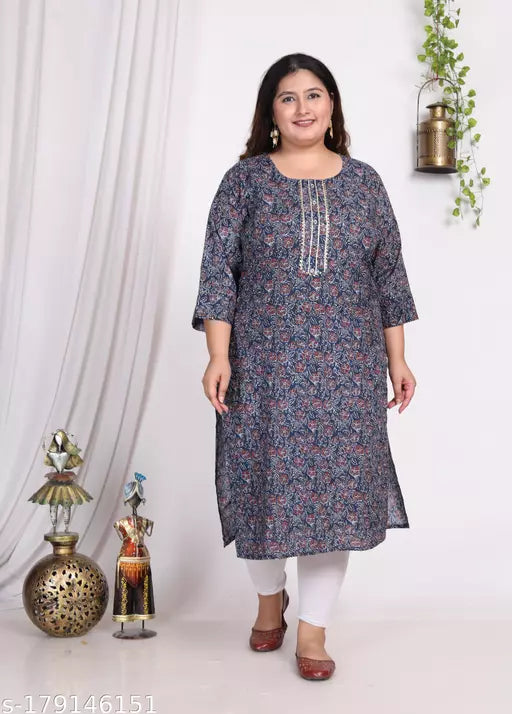 Swasti Women Plus Size Printed  Floral Print Pure Cotton Straight Kurta (Blue)