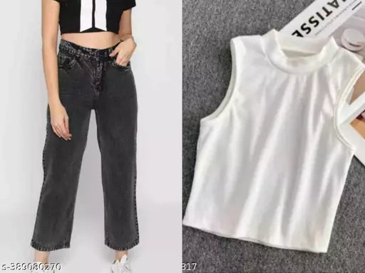 JKP COLLECTION Women & Girl Casual Top & Jeans Set  Top Fabric Cotton Lycra Pattern Solid  Sleeveless  Bottom Fabric Denim Pattern Solid  Full Lenth Sleeve In Color White Black