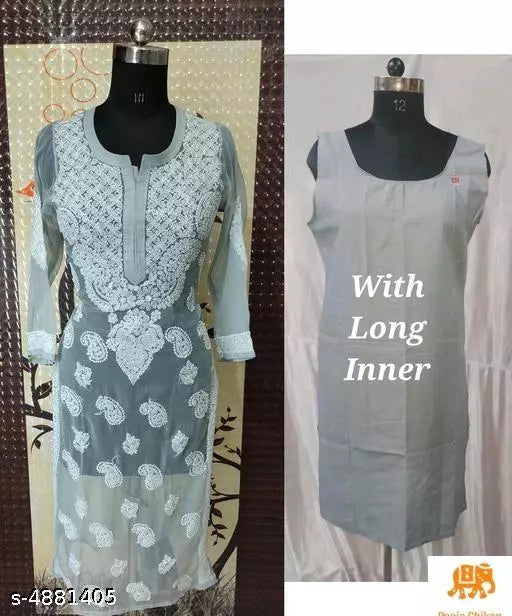 Lucknowi Handwork Chaikankari Chiffon Kurti &with inner.