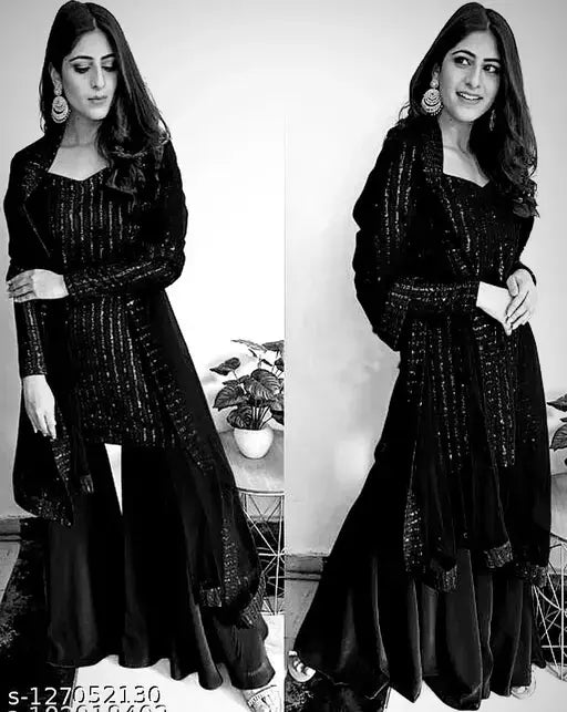 Women's Black Embellished  Georgette Suits & Dress Materials