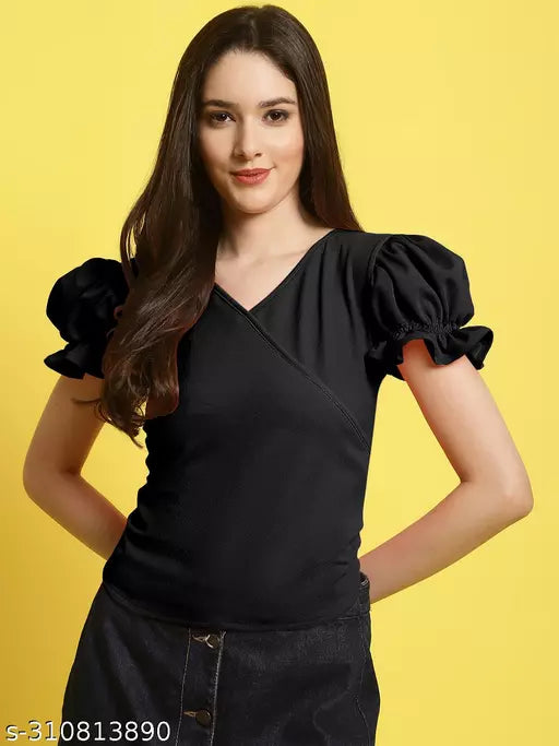 Women Black Solid Puff Sleeve Wrap Top (Women Top | Women Tops | Top)