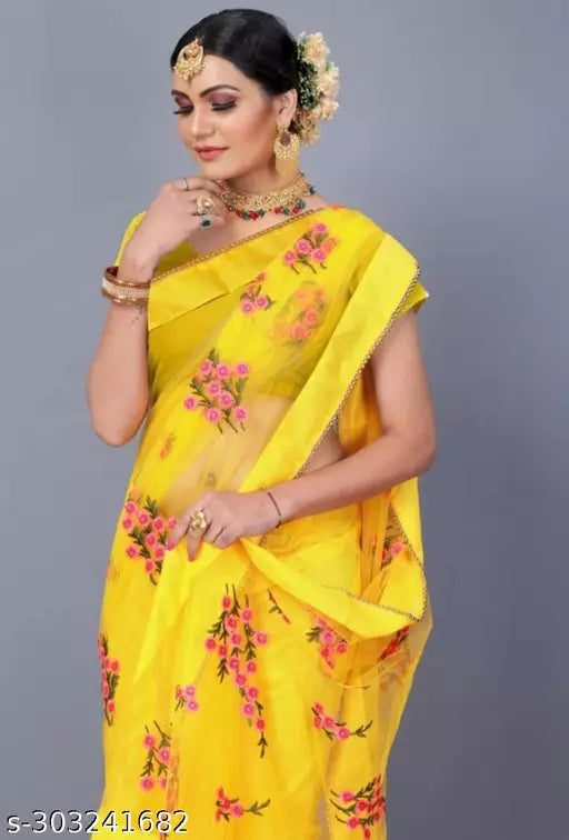 Bollywood Celebrity inspired Explore net saree With beautifull Embroidered all over moti work Lemon Yellow colours