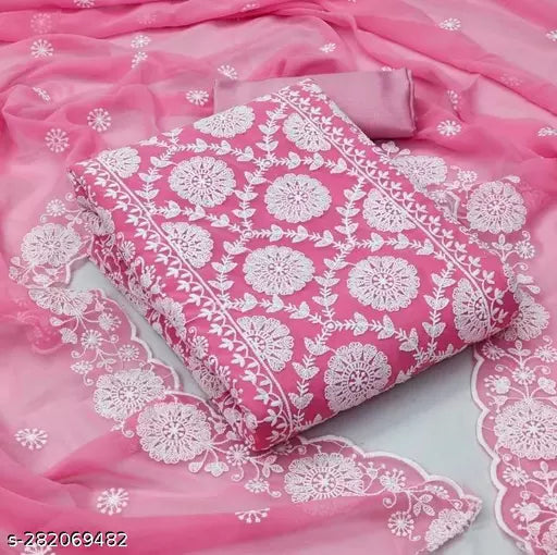 New Fancy Embroidered Double Layer Thread work Unstiched Salwar Suits & dress Materials Pink Colour