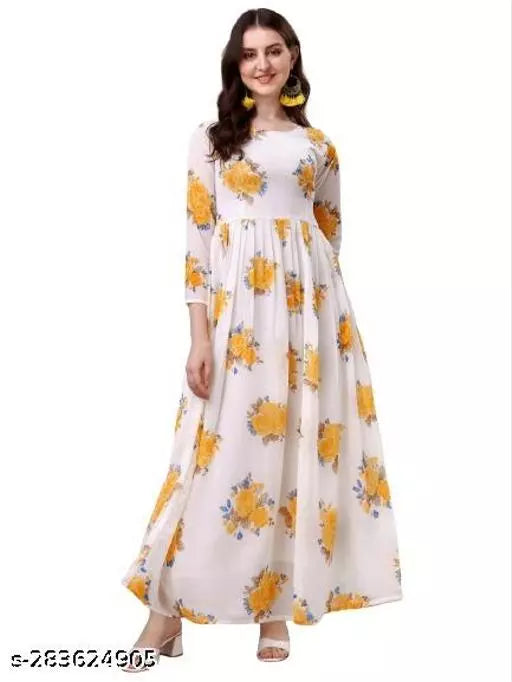 QVAZOR Stylish Fancy Trendy Printed Georgette Gown For Women For Party Wedding Festival Functions