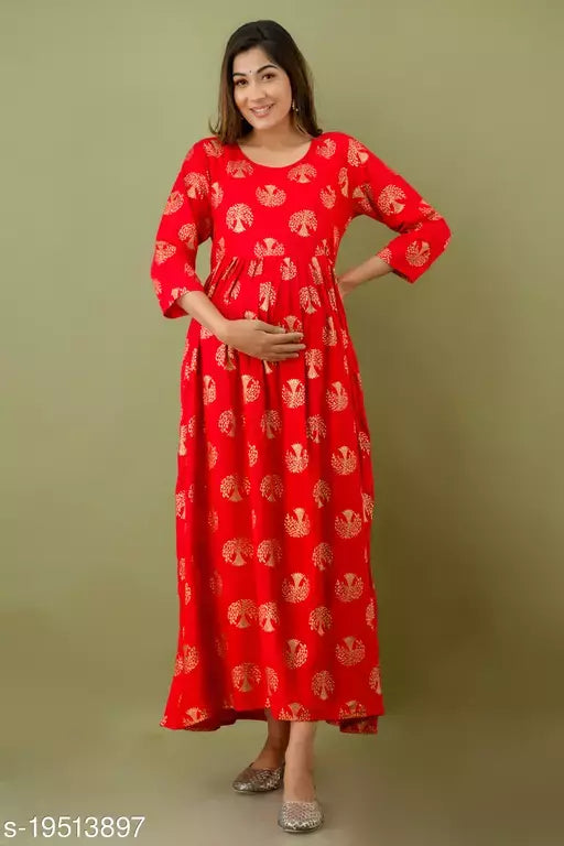 Mialo tree print red maternity kurta with both side feeding zip.