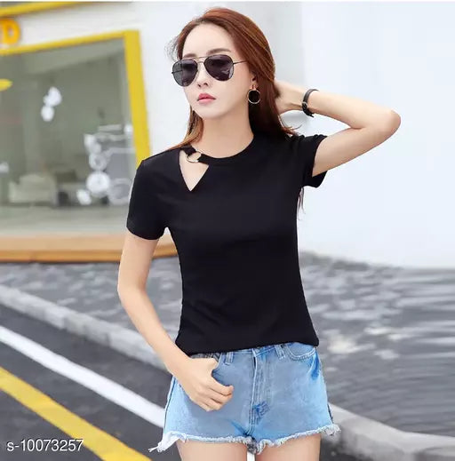 Vivient Women Black Plain Janny Cut T-shirt