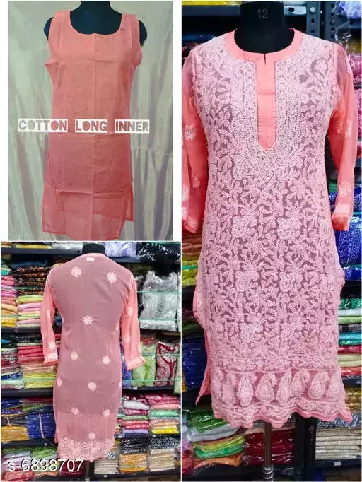 Handwork Embroidere Chiffon Front jall Long  kurti & with inner.