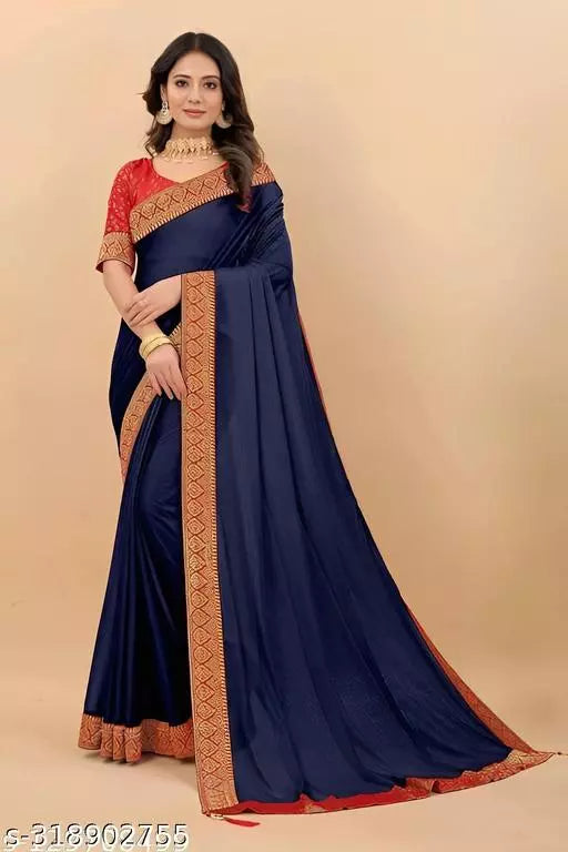 Bhagalpuri Soft Silk NEVY Blue Lace border Saree With Blouse BY KRADDLE