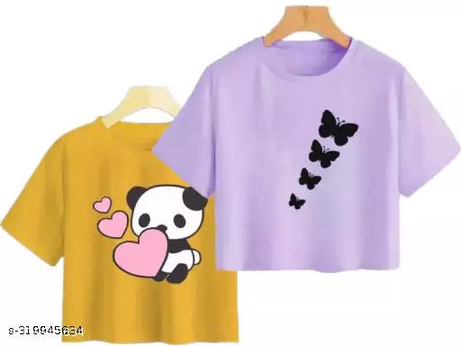 Trendy Feminine Printed Crop Tshirt Round Neck Top For Womens (Combo2)