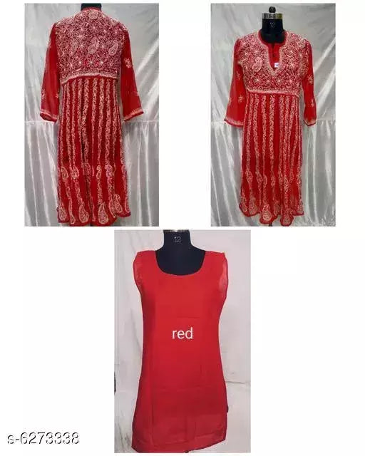Handwork  Embroidered Chikankari Chiffon Anarkali kurti With Inner.