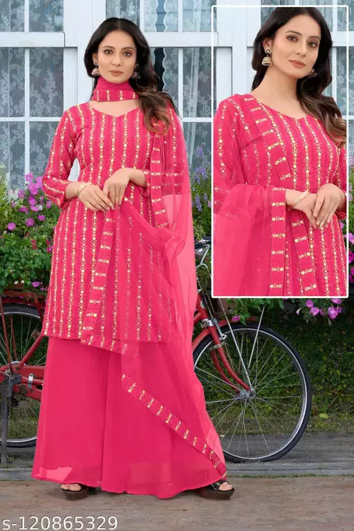 Women's Pink Botanical Zari Embroidered Georgette Semi Stitched Suits