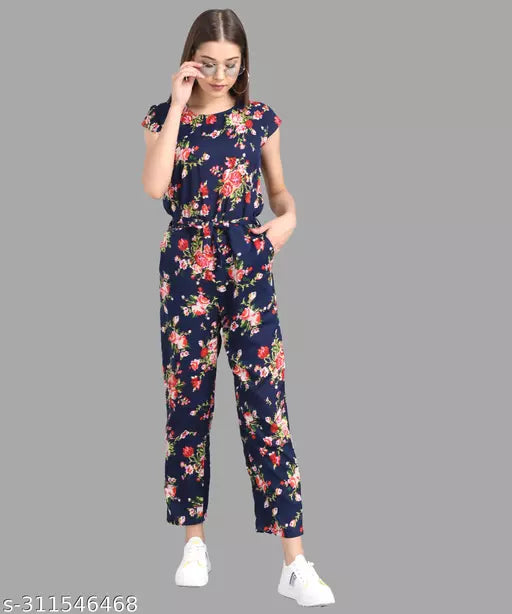 Vivient Women Blue Floral  Printed Cap Sleeves Crepe Jumpsuite