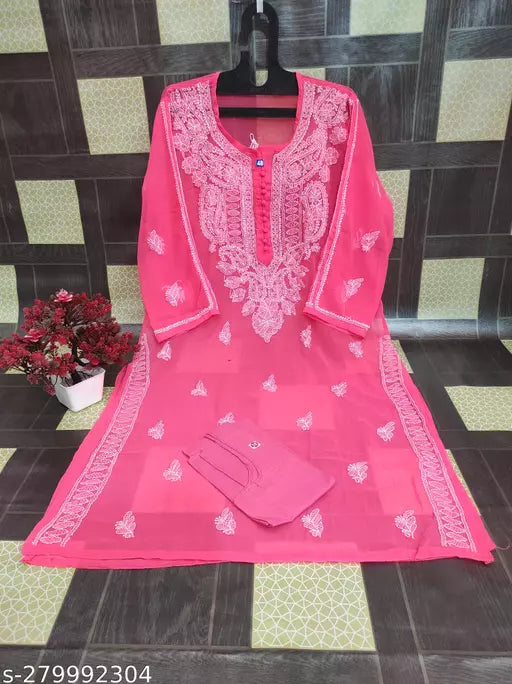 Womens Chikankari Handwork Embroidered Plus Size Gala Booty Chiffon Long kurti With inner.