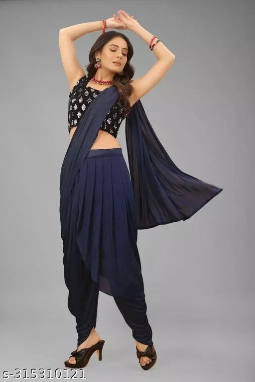Ready To Wear Lycra Dhoti Style Fancy Party Wear Sarees Nevy Blue Colour Sarees with sequance blouse BY Kraddle