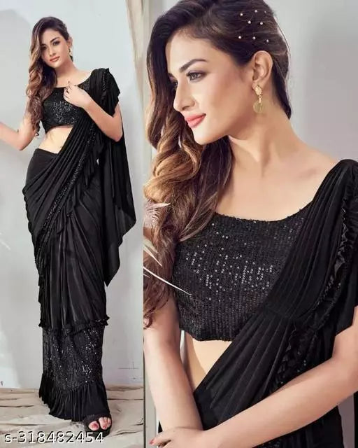 Ready To Wear Lycra  Freel Style Fancy Party Wear Sarees Black Colour Sarees with sequance blouse BY Kraddle