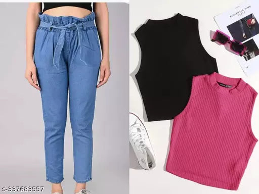 Women & Girl's Stylish 2 Pices Black & Pink Top & Botton Set  Round Neck  Sleeveless Botton Wear & Top Wear Set