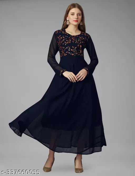 Exquisite Georgette Long Dress - Elegant Party Wear Navy Blue Gown for Women and Ladies