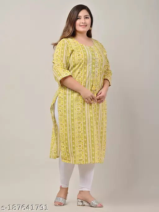 Swasti Plus Size Women Printed  Floral Print Pure Cotton Straight Kurta (Yellow)