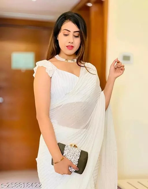 Georgette LEHERIYA WHITE Sarees  BY KRADDLE