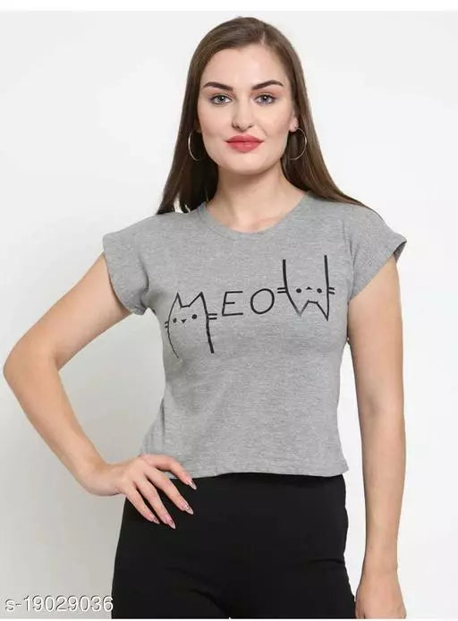 Vivient Women Grey Meow Printed Crop Top