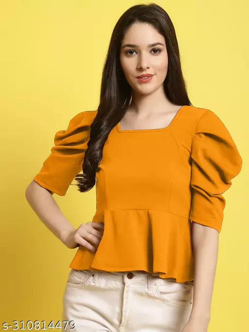 Women Square Neck Puff Sleeves Peplum Top (Women Top | Women Tops | Top)