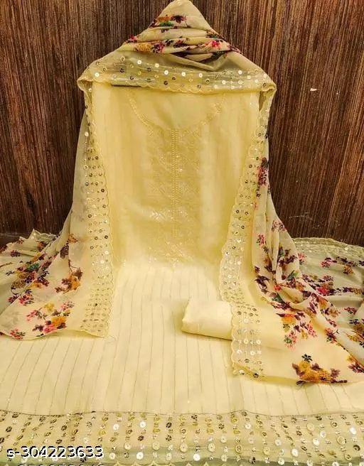 Women's Lemon Yellow Floral Embroidered Georgette Suits & Dress Materials